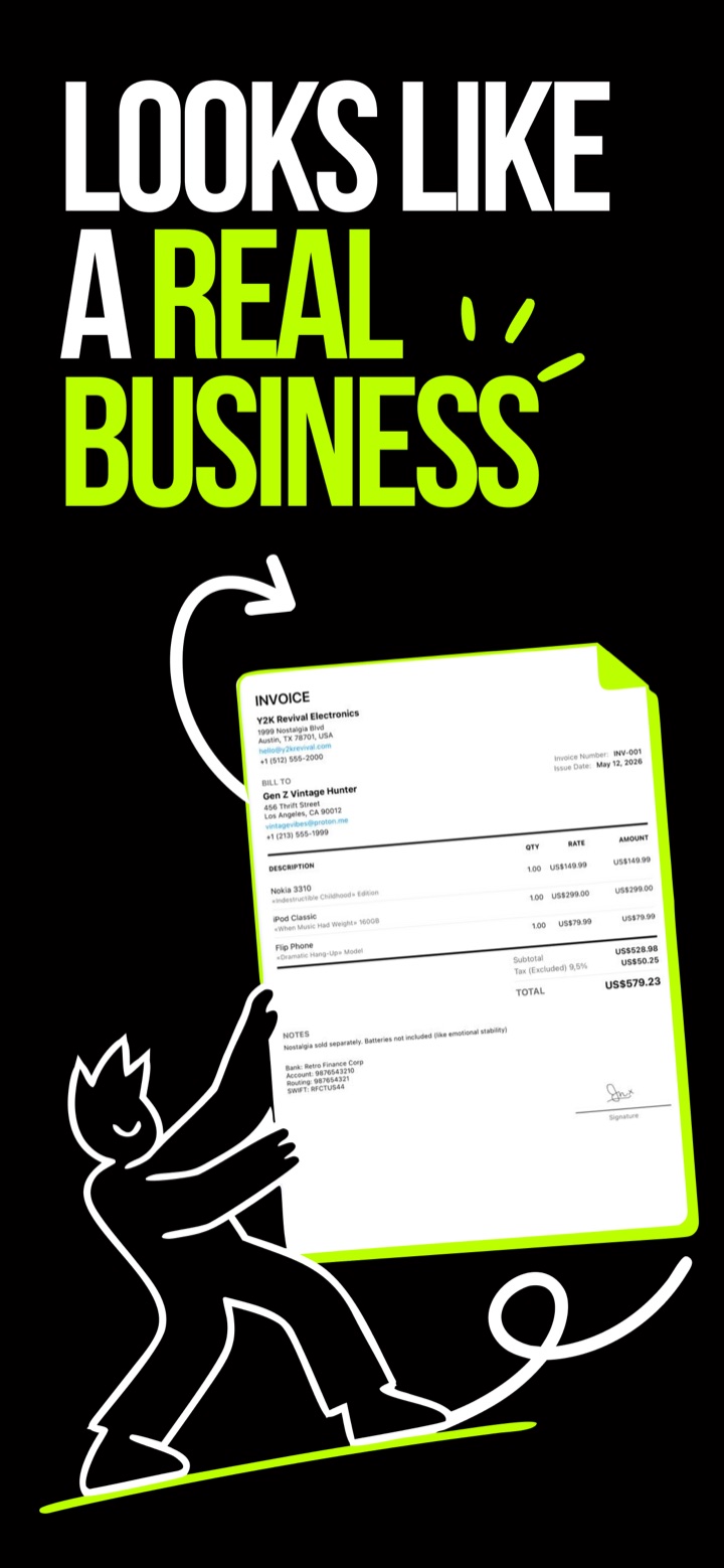 Bold typography reading LOOKS LIKE A REAL BUSINESS with a polished branded invoice document