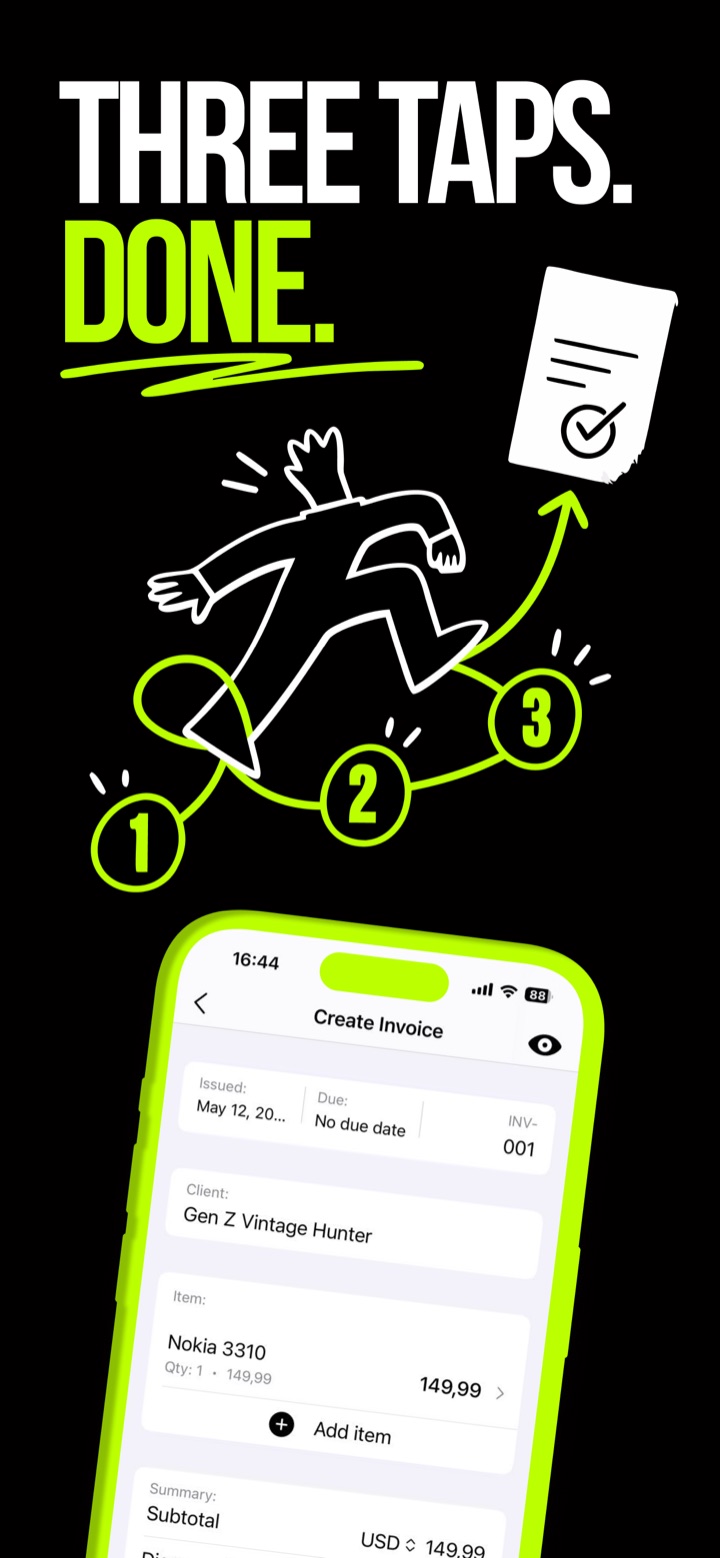 eddies app showing the Create Invoice screen with client Gen Z Vintage Hunter, item Nokia 3310, total $149.99